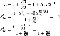 h &= 1 + \frac{R3}{R2} = 1 + R3 R2^{-1} \\
S_{R2}^h &= \frac{1 \cdot S_{R2}^1 + 
\frac{R3}{R2} S_{R2}^{R3/R2}}{1 + \frac{R3}{R2}} = -1  \\
S_{R3}^h &= \frac{0 + \frac{R3}{R2} \cdot 1}{1 + \frac{R3}{R2}} = 
\frac{1}{1 + \frac{R2}{R3}}