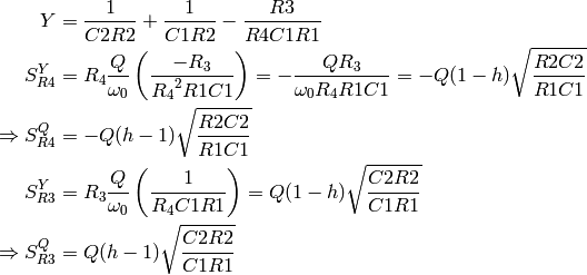 Y &= \frac{1}{C2 R2} + \frac{1}{C1 R2} - \frac{R3}{R4 C1 R1} \\
S_{R4}^Y &= R_4 \frac{Q}{\omega_0} 
    \left(\frac{-R_3}{{R_4}^2 R1 C1} \right)
  = -\frac{Q R_3}{\omega_0 R_4 R1 C1}
  = - Q (1-h) \sqrt{\frac{R2 C2}{R1 C1}} \\
\Rightarrow S_{R4}^Q &= -Q (h-1) \sqrt{\frac{R2 C2}{R1 C1}} \\
S_{R3}^Y &= R_3 \frac{Q}{\omega_0} \left(\frac{1}{R_4 C1 R1} \right)
  = Q (1-h) \sqrt{\frac{C2 R2}{C1 R1}} \\
\Rightarrow S_{R3}^Q &= Q (h-1) \sqrt{\frac{C2 R2}{C1 R1}}