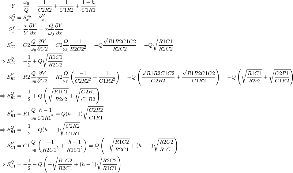 Y &= \frac{\omega_0}{Q} = \frac{1}{C2 R2} + \frac{1}{C1 R2} + \frac{1 - h}{C1 R1} \\
S_x^Q &= S_x^{\omega_0} - S_x^Y \\
S_x^Y &= \frac{x}{Y}\frac{\partial Y}{\partial x} = 
  x\frac{Q}{\omega_0}\frac{\partial Y}{\partial x}\\
S_{C2}^Y &= C2 \frac{Q}{\omega_0}\frac{\partial Y}{\partial C2} 
  = C2 \frac{Q}{\omega_0} \frac{-1}{R2 {C2}^2}
  = -Q \frac{\sqrt{R1 R2 C1 C2}}{R2 C2}
  = -Q \sqrt{\frac{R1 C1}{R2 C2}} \\
\Rightarrow S_{C2}^Q &= -\frac{1}{2} + Q \sqrt{\frac{R1 C1}{R2 C2}} \\
S_{R2}^Y &= R2 \frac{Q}{\omega_0} \frac{\partial Y}{\partial C2}
  = R2 \frac{Q}{\omega_0} 
    \left(\frac{-1}{C2 {R2}^2} - \frac{1}{C1 {R2}^2}\right)
  = -Q \left(\frac{\sqrt{R1 R2 C1 C2}}{C2 R2} + 
    \frac{\sqrt{R1 R2 C1 C2}}{C1 R2}\right)
  = -Q  \left(\sqrt{\frac{R1 C1}{R2 c2}} + 
    \sqrt{\frac{C2 R1}{C1 R2}}\right) \\
\Rightarrow S_{R2}^Q &= -\frac{1}{2} +
    Q \left(\sqrt{\frac{R1 C1}{R2 c2}} + 
    \sqrt{\frac{C2 R1}{C1 R2}}\right) \\
S_{R1}^Y &= R1 \frac{Q}{\omega_0} \frac{h-1}{C1 {R1}^2}
  = Q (h-1) \sqrt{\frac{C2 R2}{C1 R1}} \\
\Rightarrow S_{R1}^Q &= -\frac{1}{2} - 
    Q(h-1)\sqrt{\frac{C2 R2}{C1 R1}} \\
S_{C1}^Y &= C1 \frac{Q}{\omega_0} \left(\frac{-1}{R2 {C1}^2} + 
  \frac{h-1}{R1 {C1}^2} \right)
  = Q \left( -\sqrt{\frac{R1 C2}{R2 C1}} + 
    (h-1)\sqrt{\frac{R2 C2}{R1 C1}}\right)\\
\Rightarrow S_{C1}^Q &= -\frac{1}{2}  - 
    Q \left( -\sqrt{\frac{R1 C2}{R2 C1}} + 
    (h-1)\sqrt{\frac{R2 C2}{R1 C1}}\right)